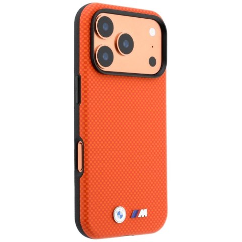 Etui BMW M Quadrille Kevlar Metal Logo MagSafe do iPhone 18 Pro / 17 Pro pomarańczowy
