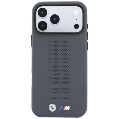 Etui BMW M Blue Perfo Metal Logo MagSafe do iPhone 18 Pro / 17 Pro szary