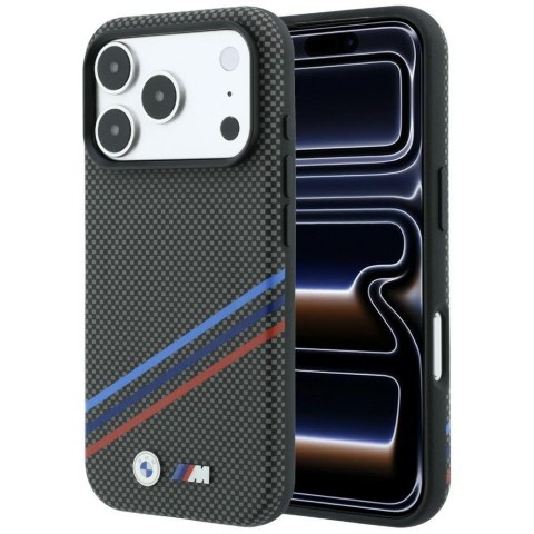 Etui BMW M Quadrille Kevlar Print Tricolor Lines & Metal Logo MagSafe do iPhone 18 Pro / 17 Pro antracytowy