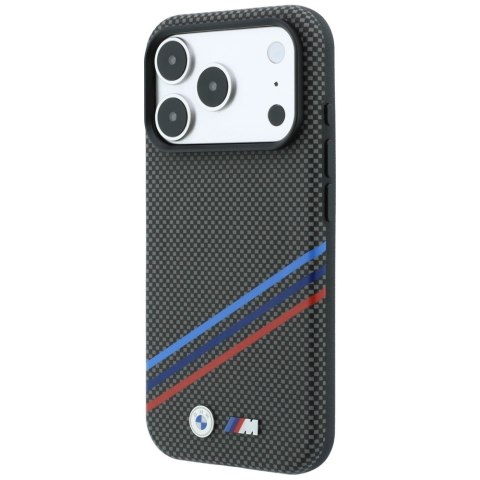 Etui BMW M Quadrille Kevlar Print Tricolor Lines & Metal Logo MagSafe do iPhone 18 Pro / 17 Pro antracytowy