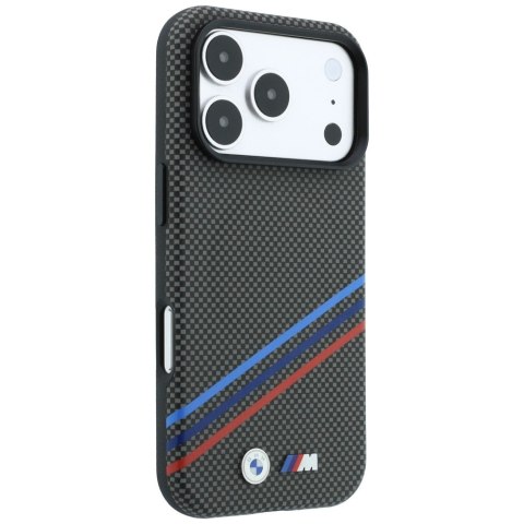 Etui BMW M Quadrille Kevlar Print Tricolor Lines & Metal Logo MagSafe do iPhone 18 Pro / 17 Pro antracytowy