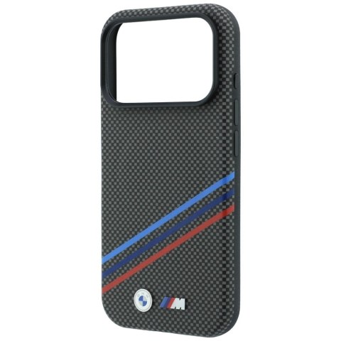 Etui BMW M Quadrille Kevlar Print Tricolor Lines & Metal Logo MagSafe do iPhone 18 Pro / 17 Pro antracytowy