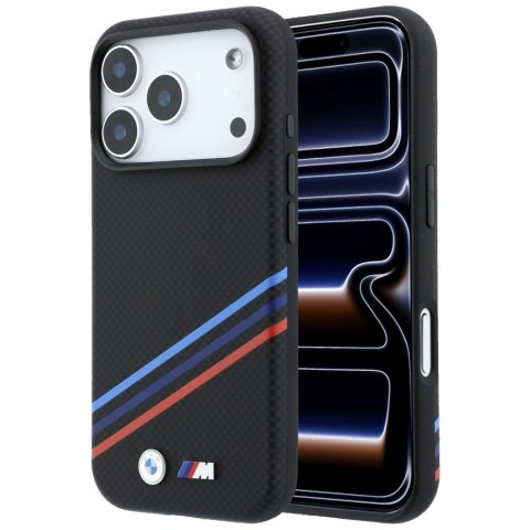 Etui BMW M Quadrille Kevlar Print Tricolor Lines & Metal Logo MagSafe do iPhone 18 Pro / 17 Pro czarny
