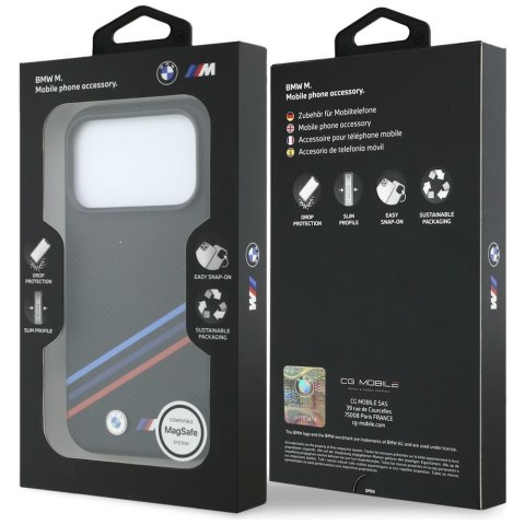 Etui BMW M Quadrille Kevlar Print Tricolor Lines & Metal Logo MagSafe do iPhone 18 Pro / 17 Pro czarny