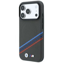 Etui BMW M Quadrille Kevlar Print Tricolor Lines & Metal Logo MagSafe do iPhone 18 Pro Max / 17 Pro Max antracytowy