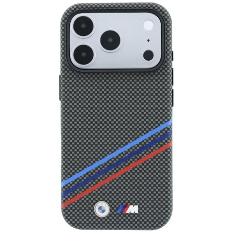 Etui BMW M Quadrille Kevlar Print Tricolor Lines & Metal Logo MagSafe do iPhone 18 Pro Max / 17 Pro Max antracytowy