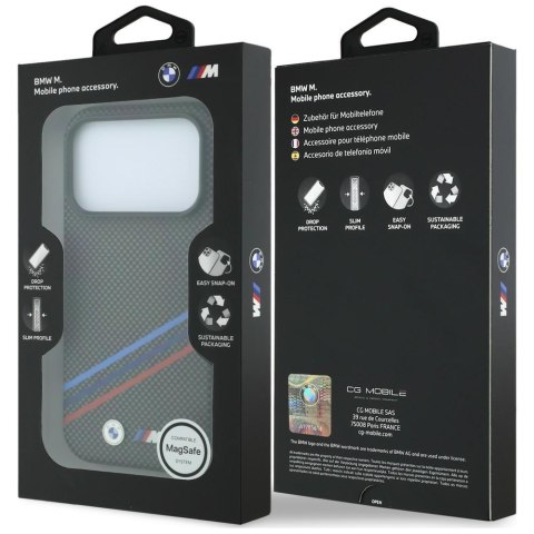 Etui BMW M Quadrille Kevlar Print Tricolor Lines & Metal Logo MagSafe do iPhone 18 Pro Max / 17 Pro Max antracytowy