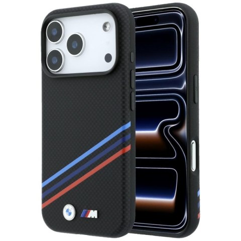 Etui BMW M Quadrille Kevlar Print Tricolor Lines & Metal Logo MagSafe do iPhone 18 Pro Max / 17 Pro Max czarny