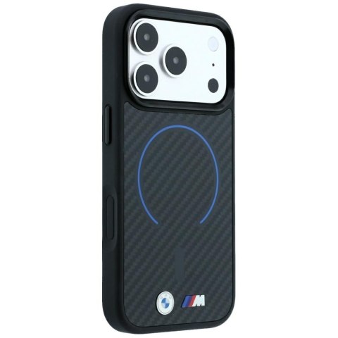 Etui BMW M Kevlar Blue Print Ring Metal Logo MagSafe do iPhone 18 Pro / 17 Pro czarny