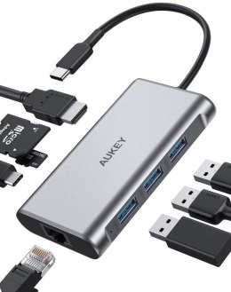 CB-C91 aluminiowy HUB USB-C | 8w1 | RJ45 Ethernet 10/100/1000Mbps | 3xUSB 3.1 | HDMI 4k@30Hz | SD i micro SD | USB-C Power Deliv